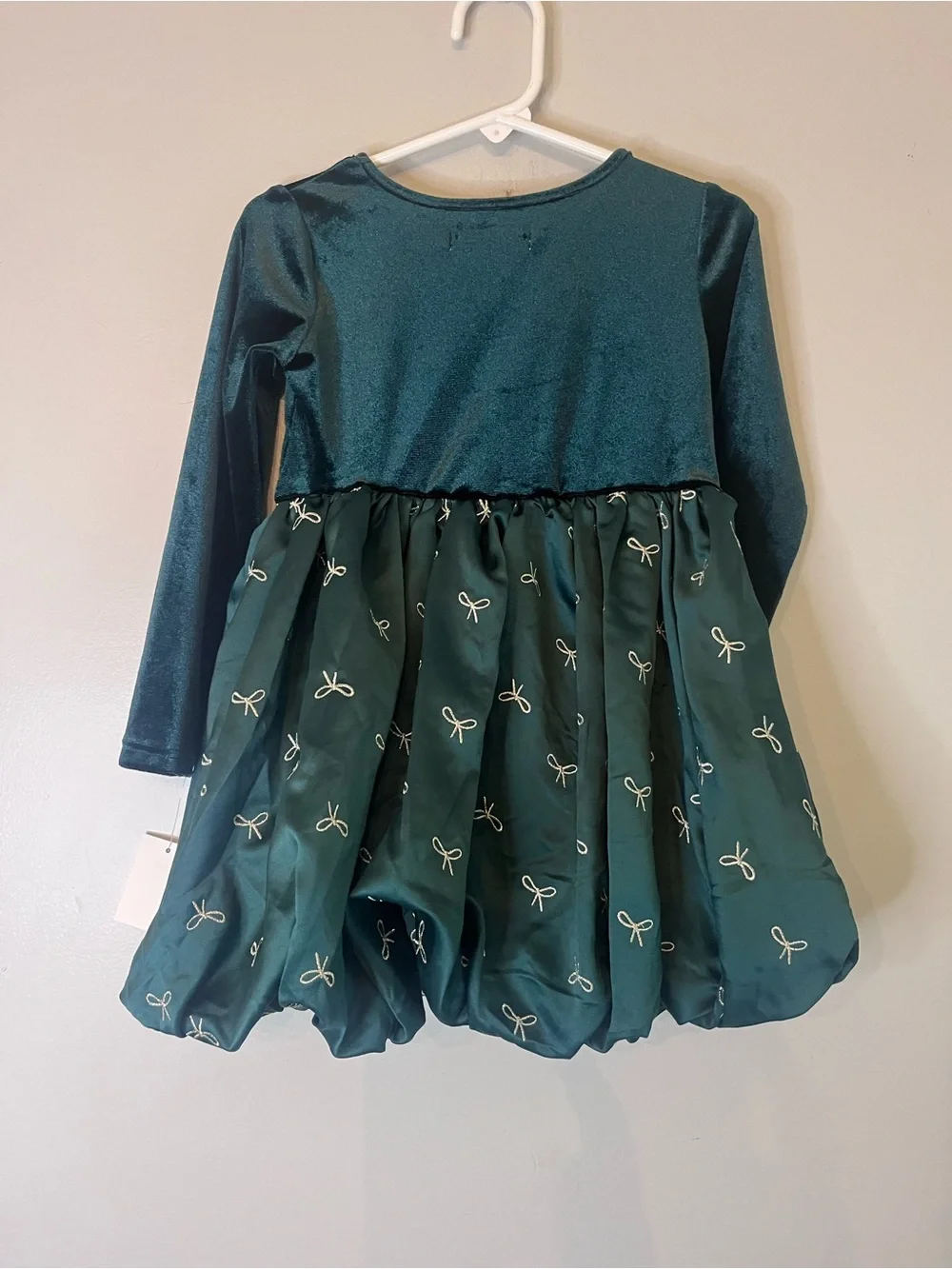Girls Dark Green Velvet & Satin Holiday Dress with Gold Bow Accents